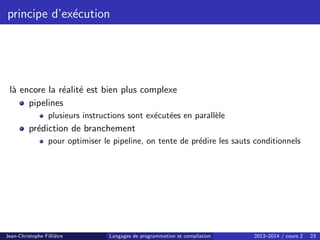 principe d’exécution
là encore la réalité est bien plus complexe
pipelines
plusieurs instructions sont exécutées en parallèle
prédiction de branchement
pour optimiser le pipeline, on tente de prédire les sauts conditionnels
Jean-Christophe Filliâtre Langages de programmation et compilation 2013–2014 / cours 2 23
 