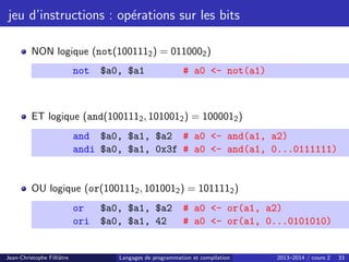 jeu d’instructions : opérations sur les bits
NON logique (not(1001112) = 0110002)
not $a0, $a1 # a0 - not(a1)
ET logique (and(1001112, 1010012) = 1000012)
and $a0, $a1, $a2 # a0 - and(a1, a2)
andi $a0, $a1, 0x3f # a0 - and(a1, 0...0111111)
OU logique (or(1001112, 1010012) = 1011112)
or $a0, $a1, $a2 # a0 - or(a1, a2)
ori $a0, $a1, 42 # a0 - or(a1, 0...0101010)
Jean-Christophe Filliâtre Langages de programmation et compilation 2013–2014 / cours 2 33
 