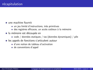 récapitulation
une machine fournit
un jeu limité d’instructions, très primitives
des registres efficaces, un accès coûteux à la mémoire
la mémoire est découpée en
code / données statiques / tas (données dynamiques) / pile
les appels de fonctions s’articulent autour
d’une notion de tableau d’activation
de conventions d’appel
Jean-Christophe Filliâtre Langages de programmation et compilation 2013–2014 / cours 2 54
 