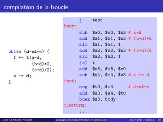 compilation de la boucle
while (d=e-e) {
f += t(a-d,
(b+d)*2,
(c+d)/2);
e -= d;
}
j test
body:
sub $a0, $s0, $s3 # a-d
add $a1, $s1, $s3 # (b+d)*2
sll $a1, $a1, 1
add $a2, $s2, $s3 # (c+d)/2
srl $a2, $a2, 1
jal t
add $s5, $s5, $v0
sub $s4, $s4, $s3 # e -= d
test:
neg $t0, $s4 # d=e-e
and $s3, $s4, $t0
bnez $s3, body
t return:
...
Jean-Christophe Filliâtre Langages de programmation et compilation 2013–2014 / cours 2 70
 