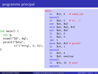 programme principal
int main() {
int q;
scanf(%d, q);
printf(%dn,
t(~(~0q), 0, 0));
}
main:
li $v0, 5 # read_int
syscall
li $a0, 0 # t(...)
not $a0, $a0
sllv $a0, $a0, $v0
not $a0, $a0
li $a1, 0
li $a2, 0
jal t
move $a0, $v0 # printf
li $v0, 1
syscall
li $v0, 4
la $a0, newline
syscall
li $v0, 10 # exit
syscall
Jean-Christophe Filliâtre Langages de programmation et compilation 2013–2014 / cours 2 71
 