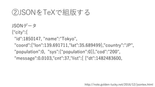 ڴձݤ椹
JSONǩ`
{"city":{
"id":1850147, "name":"Tokyo",
"coord":{"lon":139.691711,"lat":35.689499},"country":"JP",
"population":0, "sys":{"population":0}},"cod":"200",
"message":0.0103,"cnt":37,"list":[ {"dt":1482483600,
http://note.golden-lucky.net/2016/12/jsontex.html
 