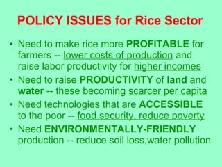 POLICY ISSUES for Rice Sector <ul><li>Need to make rice more  PROFITABLE  for farmers --  lower costs of production  and r...
