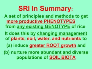 SRI In Summary : A set of principles and methods to get more productive PHENOTYPES   from  any existing GENOTYPE  of rice ...