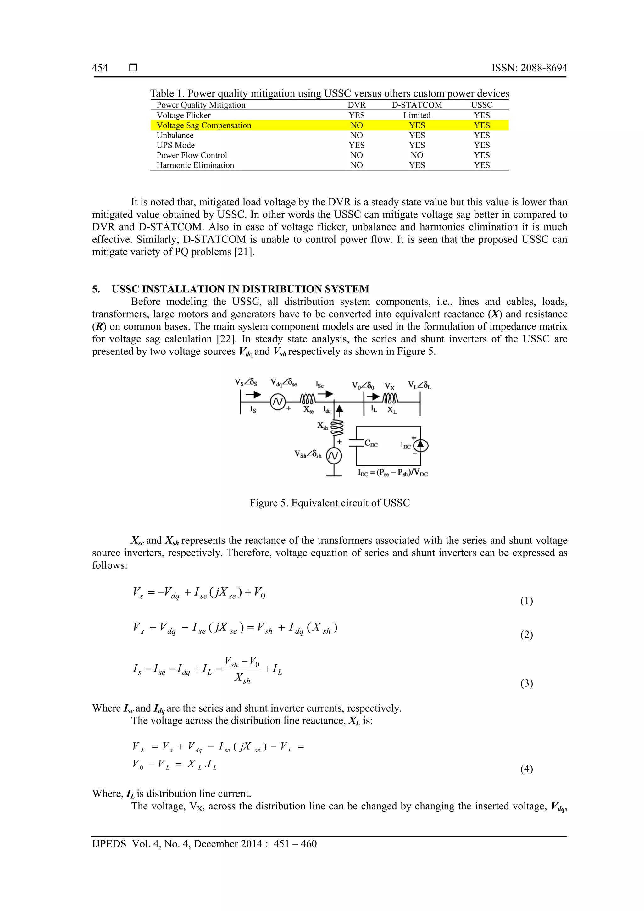  ISSN: 2088-8694
IJPEDS Vol. 4, No. 4, December 2014 : 451 – 460
454
Table 1. Power quality mitigation using USSC versus others custom power devices
Power Quality Mitigation DVR D-STATCOM USSC
Voltage Flicker YES Limited YES
Voltage Sag Compensation NO YES YES
Unbalance NO YES YES
UPS Mode YES YES YES
Power Flow Control NO NO YES
Harmonic Elimination NO YES YES
It is noted that, mitigated load voltage by the DVR is a steady state value but this value is lower than
mitigated value obtained by USSC. In other words the USSC can mitigate voltage sag better in compared to
DVR and D-STATCOM. Also in case of voltage flicker, unbalance and harmonics elimination it is much
effective. Similarly, D-STATCOM is unable to control power flow. It is seen that the proposed USSC can
mitigate variety of PQ problems [21].
5. USSC INSTALLATION IN DISTRIBUTION SYSTEM
Before modeling the USSC, all distribution system components, i.e., lines and cables, loads,
transformers, large motors and generators have to be converted into equivalent reactance (X) and resistance
(R) on common bases. The main system component models are used in the formulation of impedance matrix
for voltage sag calculation [22]. In steady state analysis, the series and shunt inverters of the USSC are
presented by two voltage sources Vdq and Vsh respectively as shown in Figure 5.
Figure 5. Equivalent circuit of USSC
Xsc and Xsh represents the reactance of the transformers associated with the series and shunt voltage
source inverters, respectively. Therefore, voltage equation of series and shunt inverters can be expressed as
follows:
0)( VjXIVV sesedqs 
(1)
)()( shdqshsesedqs XIVjXIVV 
(2)
L
sh
sh
Ldqses I
X
VV
IIII 

 0
(3)
Where Isc and Idq are the series and shunt inverter currents, respectively.
The voltage across the distribution line reactance, XL is:
LLL
LsesedqsX
IXVV
VjXIVVV
.
)(
0 

(4)
Where, IL is distribution line current.
The voltage, VX, across the distribution line can be changed by changing the inserted voltage, Vdq,
 