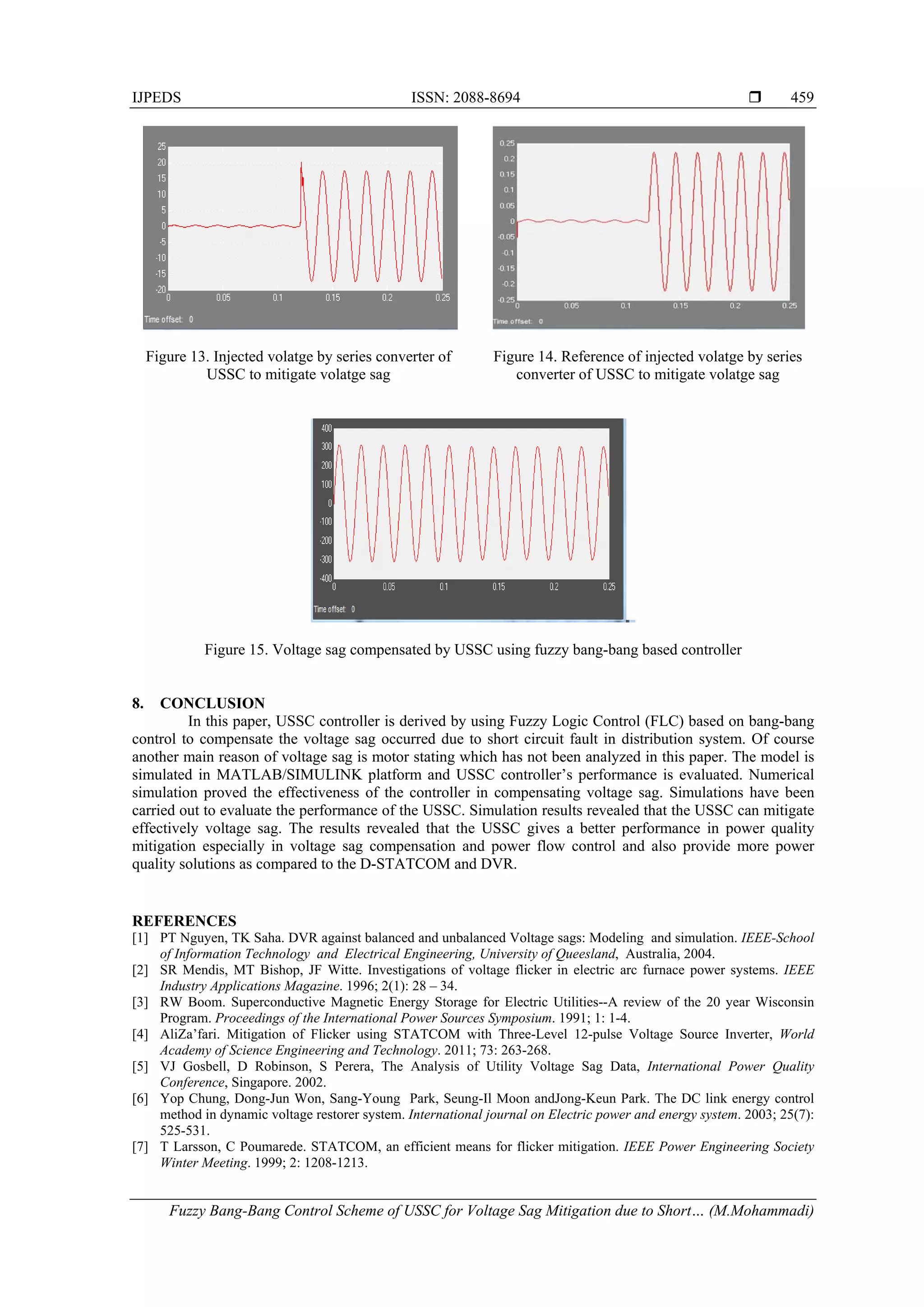 IJPEDS ISSN: 2088-8694 
Fuzzy Bang-Bang Control Scheme of USSC for Voltage Sag Mitigation due to Short… (M.Mohammadi)
459
Figure 13. Injected volatge by series converter of
USSC to mitigate volatge sag
Figure 14. Reference of injected volatge by series
converter of USSC to mitigate volatge sag
Figure 15. Voltage sag compensated by USSC using fuzzy bang-bang based controller
8. CONCLUSION
In this paper, USSC controller is derived by using Fuzzy Logic Control (FLC) based on bang-bang
control to compensate the voltage sag occurred due to short circuit fault in distribution system. Of course
another main reason of voltage sag is motor stating which has not been analyzed in this paper. The model is
simulated in MATLAB/SIMULINK platform and USSC controller’s performance is evaluated. Numerical
simulation proved the effectiveness of the controller in compensating voltage sag. Simulations have been
carried out to evaluate the performance of the USSC. Simulation results revealed that the USSC can mitigate
effectively voltage sag. The results revealed that the USSC gives a better performance in power quality
mitigation especially in voltage sag compensation and power flow control and also provide more power
quality solutions as compared to the D-STATCOM and DVR.
REFERENCES
[1] PT Nguyen, TK Saha. DVR against balanced and unbalanced Voltage sags: Modeling and simulation. IEEE-School
of Information Technology and Electrical Engineering, University of Queesland, Australia, 2004.
[2] SR Mendis, MT Bishop, JF Witte. Investigations of voltage flicker in electric arc furnace power systems. IEEE
Industry Applications Magazine. 1996; 2(1): 28 – 34.
[3] RW Boom. Superconductive Magnetic Energy Storage for Electric Utilities--A review of the 20 year Wisconsin
Program. Proceedings of the International Power Sources Symposium. 1991; 1: 1-4.
[4] AliZa’fari. Mitigation of Flicker using STATCOM with Three-Level 12-pulse Voltage Source Inverter, World
Academy of Science Engineering and Technology. 2011; 73: 263-268.
[5] VJ Gosbell, D Robinson, S Perera, The Analysis of Utility Voltage Sag Data, International Power Quality
Conference, Singapore. 2002.
[6] Yop Chung, Dong-Jun Won, Sang-Young Park, Seung-Il Moon andJong-Keun Park. The DC link energy control
method in dynamic voltage restorer system. International journal on Electric power and energy system. 2003; 25(7):
525-531.
[7] T Larsson, C Poumarede. STATCOM, an efficient means for flicker mitigation. IEEE Power Engineering Society
Winter Meeting. 1999; 2: 1208-1213.
 