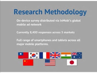 Research Methodology




• On-device survey distributed via InMobi's global mobile ad
  network
• Currently 8,400 responses across 5 markets
• Full range of smartphones and tablets across all major
  mobile OS platforms.
 