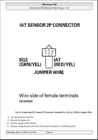 Fig. 11: Connecting IAT Sensor 2P Connector Terminals No. 1 & No. 2 With A Jumper Wire
8. Turn the ignition switch OFF.
9. Remove the jumper wire.
10. Turn the ignition switch ON (II).
11. Measure voltage between IAT sensor 2P connector terminal No. 2 and body ground.
2004 Acura TSX
2004 ENGINE PERFORMANCE PGM-FI System - TSX
Wednesday, March 12, 2008 2:21:51 AM Page 19
 