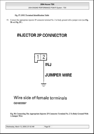 Fig. 57: DTC/Terminal Identification Table
55. Connect the appropriate injector 2P connector terminal No. 2 to body ground with a jumper wire (see Fig.
58 and Fig. 59 ).
Fig. 58: Connecting The Appropriate Injector 2P Connector Terminal No. 2 To Body Ground With
A Jumper Wire
2004 Acura TSX
2004 ENGINE PERFORMANCE PGM-FI System - TSX
Wednesday, March 12, 2008 2:21:52 AM Page 93
 