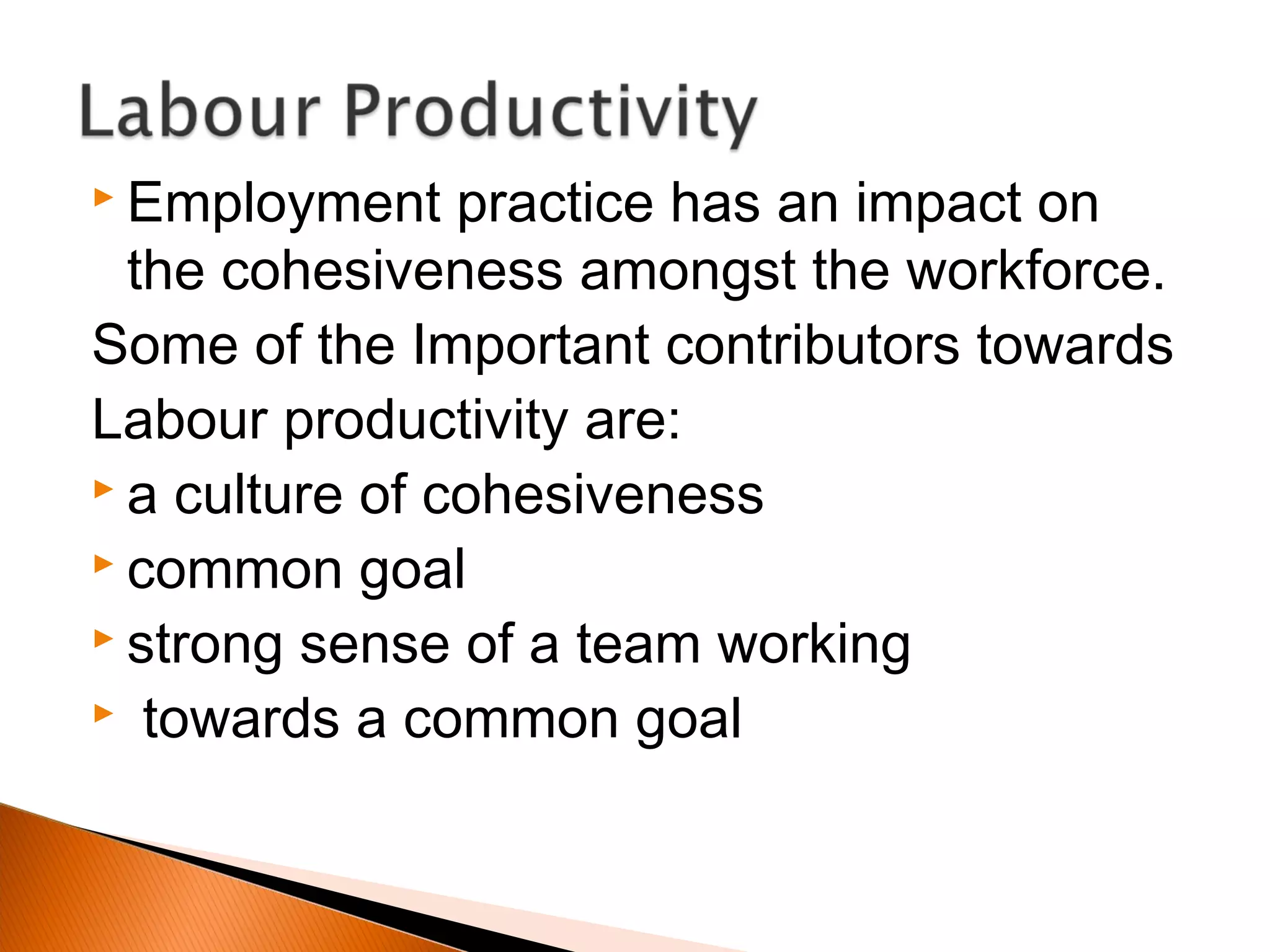  Employment practice has an impact on
the cohesiveness amongst the workforce.
Some of the Important contributors towards
Labour productivity are:
 a culture of cohesiveness
 common goal
 strong sense of a team working
 towards a common goal
 