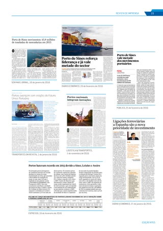 EDIÇÃO Nº65
REVISTA DE IMPRENSA 19
LOGÍSTICA & TRANSPORTES,
1 de novembro de 2016
Tiragem: 4000
País: Portugal
Period.: Bimestral
Âmbito: Outros Assuntos
Pág: 8
Cores: Cor
Área: 19,03 x 24,59 cm²
Corte: 1 de 1ID: 62657246 01-11-2015
EXPRESSO, 16 de fevereiro de 2016
Tiragem: 92120
País: Portugal
Period.: Semanal
Âmbito: Informação Geral
Pág: 2
Cores: Cor
Área: 16,84 x 10,09 cm²
Corte: 1 de 1ID: 63231535 20-02-2016 | Economia
Portos bateram recorde em 2015 devido a Sines, Leixões e Aveiro
Os principais portos portugueses
do continente bateram um recorde
absoluto no volume de carga
movimentada em 2015, que ascendeu
a 88,9 milhões de toneladas de
carga, ou seja, mais 7,5% que o
registado no ano anterior, revela
a Autoridade da Mobilidade e dos
Transportes (AMT). Para este
crescimento contribuiu a atividade
dos portos de Sines, Leixões e Aveiro.
Só o tráfego em Sines cresceu 17%,
enquanto a atividade em Leixões e
Aveiro aumentou 3,7% em cada um
destes portos. Os restantes portos
do continente registaram reduções
de tráfego, com o porto da Figueira
da Foz a cair 7,8%, Setúbal a perder
7%, Viana do Castelo a diminuir
6% e Lisboa a regredir 2,3%, refere
a AMT. O porto de Sines foi o que
movimentou o maior volume de
carga, sendo responsável por 49,5%
do total nacional, o que corresponde
a um aumento de 4% relativamente
ao ano anterior, esclarece a AMT,
referindo que o maior impulsionador
da atividade de Sines é o segmento
do mercado de granéis líquidos,
devido à importação de petróleo para
a refinaria da Petrogal. Leixões foi o
segundo porto com maior volume de
carga movimentada, com 21,1% do
total, seguindo-se o porto de Lisboa
com 13% e o de Setúbal com 8,4% do
total, refere a AMT. No segmento de
contentores, 2015 apresenta o valor
mais elevado de sempre, registando
um volume de cerca de 2,58 milhões
de TEU (a unidade-padrão para um
contentor de 6 metros), mais 2,5% do
que em 2014.
FONTE: AUTORIDADE DA MOBILIDADE E DOS TRANSPORTES
VOLUME DE CARGA MOVIMENTADA NO PERÍODO JANEIRO-DEZEMBRO DE 2015 E VARIAÇÃO SOBRE
O PERÍODO HOMÓLOGO DE 2014
VIANA DO
CASTELO
DOURO
E LEIXÕES
AVEIRO FIGUEIRA DA
FOZ
LISBOA SETÚBAL SINES TOTAL
GERAL
MILHÕES
DE TON.
VAR.
15/14
MILHÕES
DE TON.
VAR.
15/14
MILHÕES
DE TON.
VAR.
15/14
MILHÕES
DE TON.
VAR.
15/14
MILHÕES
DETON.
VAR.
15/14
MILHÕES
DETON.
VAR.
15/14
MILHÕES
DETON.
VAR.
15/14
MILHÕES
DETON.
VAR.
15/14
TOTAL GERAL 0,4 -6% 18,8 3,7% 4,7 3,7% 2,0 -7,8% 11,6 -2,3% 7,5 -7% 44,0 17% 88,9 7,5%
DIÁRIO ECONÓMICO, 24 de fevereiro de 2016
Tiragem: 6358
País: Portugal
Period.: Diária
Âmbito: Economia, Negócios e.
Pág: 14
Cores: Cor
Área: 26,00 x 28,88 cm²
Corte: 1 de 2ID: 63281006 24-02-2016
Nuno Miguel Silva
nuno.silva@economico.pt
O porto de Sines reforçou a sua
posição de liderança no sector
portuário nacional (Continente)
no ano passado, ao reforçar a sua
quota de mercado no que respei-
ta à movimentação de mercado-
rias. O porto alentejano fechou
2015 com um total de cerca de 44
milhões de toneladas movimen-
tadas, o que correspondeu a cer-
ca de 49,5% do total nacional.
Segundo os dados disponibi-
lizados pela Autoridade da Mo-
bilidade e dos Transportes
(AMT), órgão regulador do sec-
tor dos transportes, a quota de
mercado de Sines no ano prece-
dente havia-se fixado em
45,4%.
Com um crescimento de 17%
na quantidade de mercadorias
movimentadas face a 2014, o
porto liderado por João Franco
beneficiou ainda do facto de o
segundo porto nacional, Lei-
O porto de Sines
reforçou a liderança
no ano passado.
sado, facto a que não será indi-
ferente o reacender do conflito
laboral entre os operadores e os
estivadores, cuja resolução está
a ser negociada há cerca de dois
meses (ver texto ao lado).
De acordo com a AMT, o vo-
lume de carga movimentada
no ano de 2015 pelos principais
portos comerciais que inte-
gram o mercado portuário do
Continente ascendeu a 88,9
milhões de toneladas de carga,
superior em 7,5% ao volume
registado em 2014. “Este é o
valor mais elevado de sempre e
resulta do comportamento dos
portos de Sines, Leixões e
Aveiro”, que também regista-
ram recordes históricos, se-
gundo a AMT.
A posição de liderança do
porto de Sines também saiu re-
forçada no ano passado no seg-
mento de contentores movi-
mentados. A quota de mercado
de Sines passou para 51,6%,
após um crescimento de 8,5%
em 2015, para um total de cerca
de 1,3 milhões de TEU (medida-
-padrão equivalente a conten-
tores com vinte pés de compri-
mento).
Porto de Sines reforça
liderança e já vale
metade do sector
Transportes Com um aumento de 17% nas mercadorias movimentadas em 2015,
o porto de Sines vale o mesmo que todos os outros juntos no Continente.
Com uma
subida de 17%
na quantidade
de mercadorias,
o porto liderado
por João Franco
beneficiou do
abrandamento
do segundo porto,
Leixões.
xões, ter crescido a um ritmo
inferior, 3,7% face a 2014, equi-
valente à evolução registada
também no porto de Aveiro.
No lado negativo, estiveram
os portos da Figueira da Foz (-
-7,8%), Setúbal (-7%), Viana
do Castelo (-6%) e Lisboa (-
-2,3%).
O porto da capital, embora
tenha reforçado a terceira posi-
ção no ‘ranking’ nacional vol-
tou a perder carga em termos
absolutos ao longo do ano pas-
PÚBLICO, 25 de fevereiro de 2016
Tiragem: 33162
País: Portugal
Period.: Diária
Âmbito: Informação Geral
Pág: 19
Cores: Cor
Área: 10,41 x 13
Corte: 1 de 1ID: 63298370 25-02-2016
O volume de carga movimentada no
ano de 2015 pelos portos nacionais
aumentou 7,5% em termos homólo-
gos, atingindo quase 90 milhões de
toneladas, o valor mais elevado de
sempre. O porto de Sines é o princi-
pal responsável por esta métrica, já
que o seu crescimento de 17% face a
2014 já lhe permite dizer que metade
dos movimentos nacionais de carga
é realizada nos seus terminais.
Segundo o relatório de acompa-
nhamento do mercado portuário di-
vulgado pela Autoridade da Mobili-
Porto de Sines
vale metade
dos movimentos
portuários
dade e dos Transportes (AMT), o ano
de 2015 assistiu à melhor marca de
sempre no volume de contentores
em TEU (unidade de medida equi-
valente a 20 pés e que é o standard
para aferir o volume de transporte
em contentor), com a movimenta-
ção de 2,58 milhões de TEU, mais
2,5% relativamente a 2014.
Sines, que aumentou recente-
mente a capacidade dos seus ter-
minais, assume na carga contento-
rizada uma posição de liderança,
com uma quota de 51,6% em todos
os movimentos. Para além de Sines,
que cresceu 8,5% em 2015 na carga
contentorizada, também os portos
de Setúbal e Figueira da Foz tiveram
crescimentos expressivos, de 17,7% e
17,6%. Em contrapartida, os portos
de Leixões e Lisboa (mais expos-
tos às importações e exportações
nacionais e a Angola) registaram
quebras de 6,4% e de 4,1%, respec-
tivamente.
Portos
LuísaPinto
O ano de 2015 bateu
recordes na carga
portuária, com a
movimentação de 90
milhões de toneladas
TRANSPORTES EM REVISTA, 1 de janeiro de 2016
Tiragem: 10000
País: Portugal
Period.: Bimestral
Âmbito: Outros Assuntos
Pág: 4
Cores: Cor
Área: 18,30 x 23,37 cm²
Corte: 1 de 2ID: 63530553 01-01-2016 | Carga & Mercadorias
Estreia em Sines
Portos avançam com criação da Fatura
Única Portuária
O porto de Sines deverá
avançar já no final de fevereiro
com a emissão da chamada
“fatura única portuária
por escala de navio”,
um documento único
que integra todos os custos
associados às entidades
do Estado nos portos,
tais como a autoridade
portuária, Alfândegas, SEF
– Serviço de Estrangeiros
e Fronteiras, Autoridade
Tributária, entre outros.
AO QUE A TRANSPORTES EM REVISTA con-
seguiu apurar, a implementação do projeto
irá decorrer faseadamente nos vários portos
nacionais, com Sines a ser o primeiro a tes-
tar este novo procedimento administrativo.
Lídia Sequeira, em representação da minis-
tra do Mar, Ana Paula Vitorino, disse du-
rante a sessão de encerramento do VI Semi-
nário sobre Plataformas Logísticas Ibérica,
organizado pelo Porto de Setúbal que o
Ministério do Mar já está a desenvolver tra-
balho para criar a “fatura única portuária” e
que esta é «uma prioridade absoluta» de
modo a aumentar a eficiência e simplificar
procedimentos nos portos nacionais.
Com esta medida o Governo pretende pou-
par cerca de 600 mil folhas de papel/ano
por cada três mil navios.
A fatura única portuária irá estar integra-
da na JUP – Janela Única Portuária, e para
além de permitir a eliminação de vários
procedimentos burocráticos dará a possibi-
lidade aos clientes, agentes de navegação
e transitários de poderem obter uma maior
clareza sobre os preços dos serviços que são
prestados.
Em declarações à Transportes em Revista,
o diretor executivo da AGEPOR – Associa-
ção dos Agentes de Navegação de Portugal,
António Belmar da Costa, revelou que «os
agentes de navegação aplaudem esta
iniciativa que é bastante positiva e que
irá ser benéfica para todos». Belmar da
Costa espera que a criação da fatura única
portuária permita «agilizar processos, fa-
zendo com que a conta de escala que o
agente de navegação faz a cada navio
chegue mais rápido. Isso significa que
não só o armador recebe a conta mais
rapidamente, como também o agente
de navegação recebe o seu pagamento.
Sem dúvida que irá melhorar a relação
entre todas as partes». 
Por outro lado, o diretor-executivo da
AGEPOR salienta que esta medida poderá
trazer  «mais transparência ao setor. Fi-
camos todos a saber o que realmente
estamos a pagar e desta forma já não
temos de dar explicações adicionais aos
armadores sobre taxas que são cobradas
e cujas fórmulas são bastante difíceis de
entender».
Também o presidente do CPC – Conselho
Português de Carregadores, Pedro Galvão,
salienta que esta medida irá trazer «maior
transparência e agilidade ao setor. É
algo que já defendemos há muito tem-
po. Agora, em vez de termos cinco fa-
turas iremos apenas ter uma e será a
autoridade portuária a distribuir as
respetivas receitas pelas diversas en-
tidades. Irá permitir reduzir custos e
facilitar a comunicação entre todos os
agentes». 
Pedro Galvão salienta que apesar de ainda
não saber detalhes sobre o modelo de fa-
tura única portuária a implementar, «seria
oportuno aproveitar esta medida para
simplificar o tarifário das administra-
ções portuárias. Seria também uma boa
ocasião para proceder-se à harmoniza-
ção, monitorização e clarificação de to-
dos os tarifários dos portos nacionais.
Existem taxas que são debitadas que
são muito difíceis de compreender». 
Pedro Costa Pereira pedro.pereira@transportesemrevista.com
SEM MAIS JORNAL, 16 de janeiro de 2016
Sem Mais Jornal
Tiragem: 45000
País: Portugal
Period.: Semanal
Âmbito: Regional
Pág: 13
Cores: Cor
Área: 15,78 x 14,22 cm²
Corte: 1 de 1ID: 62741407 16-01-2016
Porto de Sines movimentou 43,9 milhões
de toneladas de mercadorias em 2015
O
Porto de Sines fechou o
ano de 2015 com mais de
43,9 milhões de toneladas
de mercadorias movimentadas,
representando um crescimento
homólogo de 17%, para o qual
contribuíram todos os segmen-
tos de carga.
No que respeita à carga con-
tentorizada foram movimenta-
dos 1,33 milhões de TEU, mais
8,5% que no ano passado, man-
tendo-se a trajetória de cresci-
mento sustentado que este tipo
de carga tem apresentado desde
a entrada em operação do Ter-
minal XXI.
O segmento dos granéis sóli-
dos, onde se destaca o carvão,
foi o que mais cresceu, com uma
evolução de 19.5% para os 5,9
milhões de toneladas de merca-
dorias. Já no segmento dos gra-
néis líquidos, que inclui ramas,
refinados e gás natural, foram
alcançados 21,5 milhões de to-
neladas movimentadas, repre-
sentando um crescimento ho-
mólogo de 19,1%.
Em 2015 o Porto de Sines re-
cebeu 2.187 navios, mais 9,2%
que no ano anterior, enquanto
que o GT total aumentou 14%,
para mais de 80 milhões de to-
neladas, demonstrando que os
navios operados em Sines são
cada vez de maior porte.
Estes resultados estão inti-
mamente relacionados com a de-
dicação e capacidade de toda a
Comunidade Portuária que, dia-
riamente, trabalha para garantir
a elevada qualidade do serviço
prestado aos clientes do porto.
Tiragem: 13685
País: Portugal
Period.: Diária
Âmbito: Economia, Negócios e.
Pág: 19
Cores: Cor
Área: 16,09 x 29,73 cm²
Corte: 1 de 1ID: 62771113 21-01-2016
Ligações ferroviárias
a Espanha são a nova
prioridade de investimento
Nuno Miguel Silva
nuno.silva@economico.pt
Os projectos prioritários de in-
vestimento em infra-estruturas
para a presente legislatura cen-
tram-se no transporte ferroviá-
rio de mercadorias, em particu-
lar nas ligações dos portos na-
cionais à fronteira com Espa-
nha. Pedro Marques, ministro
do Planeamento e das Infraes-
truturas, foi ontem à Comissão
Parlamentar de Economia ex-
plicar que, na generalidade, as
prioridades elencadas pelo an-
terior Executivo de Pedro Pas-
sos Coelho quanto a esta maté-
ria vão ser mantidas, embora
tenha deixado uma nota crítica.
“Não temos nenhuma razão
para pôr em causa o PETI [Plano
Estratégico de Transportes e In-
fra-estruturas] porque favorecia
o modo ferroviário, aproveitan-
do obras do passado. O PETI foi
um plano, mas passar do plano à
prática é que também foi muito
devagarinho, em que pratica-
mente nada fizeram. Os projec-
tos estavam por fazer, os concur-
sos estavam por lançar, as obras
ficaram no plano. Nós, agora, va-
mos tentar e concretizar obras e
em particular as obras na ferro-
via”, sublinhou Pedro Marques.
O ministro do Planeamento e
das Infraestruturas anunciou as
primeiras prioridades do seu mi-
nistério, revelando que a IP – In-
fraestruturas de Portugal vai
apresentar no próximo dia 17 de
Fevereiro uma candidatura ao
CEF (Connecting European Faci-
lities), um pacote de fundos co-
munitários para redes intra-eu-
ropeias de transportes. Segundo
Pedro Marques, esta candidatura
será “toda focada no sector fer-
roviário, muito focada no Corre-
dor Atlântico, muito focada no
corredor Norte, na linha Lei-
xões-Aveiro-Salamanca”.
“Essa candidatura tem o ob-
jectivo de desenvolver condições
desegurançaedeoperacionalida-
dedalinha,desenvolveracapaci-
dade da linha para o transporte de
mercadorias,eestabilizarasvelo-
cidades máximas de fluxo de trá-
fego”, assegurou Pedro Marques,
acrescentando que nesta candi-
datura será feito o mesmo para e
ligação do eixo ferroviário Sul,
entreSines-Évora-Caia.
Estão ainda previstas para
2016 obras de modernização nas
linhas do Norte e do Minho, as-
sim como intervenções para a
modernização da ligação à linha
de Vigo. Pedro Marques garan-
tiu ainda que o actual Governo
já decidiu que irá apresentar a
candidatura a fundos comuni-
tários do Portugal 2020, dos
projectos de electrificação das
linhas do Algarve e do Oeste.
A3 e A4 sem mais portagens
O ministro do Planeamento es-
clareceu ainda os deputados que
não está inscrita no Orçamento
de Estado para 2016 qualquer
verba de receitas decorrente da
introdução de portagens nos tro-
ços da A3, entre Águas Santas e a
Maia, e da A4, entre Águas Santas
e Ermesinde. “Isto é claro; o que
aconteceu no Governo anterior,
não foi manifestamente claro”,
acusou o minstro do Planeamen-
to e das Infraestruturas, dizendo
que as responsáveis do anterior
Executivo diziam à ‘troika’ que
iriam introduzir portagens, mas
diziam o contrário aos autarcas
da região. A introdução de porta-
gens nestes dois novos troços de
auto-estrada estão previstas no
contrato de concessão assinado
entre o Estado e a Brisa e deve-
riam ser aplicados no ano em que
se concluíssem as obras sobre o
túnel de Águas Santas, o que de-
verá ocorrer este ano.
Sobre as concessões nas ex-
-SCUT (concessões sem co-
brança ao utilizador), Pedro
Marques rejeitou qualquer hi-
pótese de abolição das porta-
gens, mas assumiu que o Gover-
no está a estudar um modelo de
favorecimento de mobilidade
nessas auto-estradas do Interior
e sem alternativas adequadas
(como a Via do Infante , no Al-
garve), sem que esses descontos
coloquem em causa a sustenta-
bilidade do sector rodoviário
nacional (veja-se, receitas para
a IP) e provoquem um veto da
parte da Comissão Europeia por
poder eventualmente conside-
rar que essas medidas são aten-
tatórias da Concorrência, e da
igualdade e da equidade entre
cidadãos comunitários. ■
Não temos nenhuma
razão para pôr em
causa o PETI [Plano
Estratégico de
Transportes e Infra-
-estruturas] porque
favorecia o modo
ferroviário,
aproveitando obras
do passado.
Pedro Marques
ministro do Planeamento
e das Infra-estruturas
“
TAP
“Governo tenta
minorar os riscos”
O ministro do
Planeamento e Infra-
-estruturas afirmou esta
quarta-feira que o
Governo está “a tentar
minorar os riscos que
possam surgir da
negociação apressada” da
privatização. “Estamos a
tentar limitar um conjunto
de riscos que poderiam
existir pela pressa com
que concluíram o processo
de privatização”,
esclareceu Pedro
Marques, considerando
que o processo negocial
para reverter a
privatização só é possível
porque a privatização
lançada pelo anterior
Governo não estava ainda
concluída. H.S.
Transportes Corredores
Leixões-Aveiro-Salamanca
e Sines-Évora-Caia vão
candidatar-se a fundos da UE.
DIÁRIO ECONÓMICO, 21 de janeiro de 2016
 