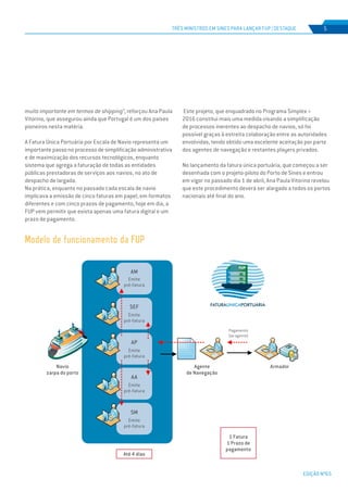 EDIÇÃO Nº65
Modelo de funcionamento da FUP
TRÊS MINISTROS EM SINES PARA LANÇAR FUP | DESTAQUE 5
muito importante em termos de shipping”, reforçou Ana Paula
Vitorino, que assegurou ainda que Portugal é um dos países
pioneiros nesta matéria.
A Fatura Única Portuária por Escala de Navio representa um
importante passo no processo de simplificação administrativa
e de maximização dos recursos tecnológicos, enquanto
sistema que agrega a faturação de todas as entidades
públicas prestadoras de serviços aos navios, no ato de
despacho de largada.
Na prática, enquanto no passado cada escala de navio
implicava a emissão de cinco faturas em papel, em formatos
diferentes e com cinco prazos de pagamento, hoje em dia, a
FUP vem permitir que exista apenas uma fatura digital e um
prazo de pagamento.
Este projeto, que enquadrado no Programa Simplex +
2016 constitui mais uma medida visando a simplificação
de processos inerentes ao despacho de navios, só foi
possível graças à estreita colaboração entre as autoridades
envolvidas, tendo obtido uma excelente aceitação por parte
dos agentes de navegação e restantes players privados.
No lançamento da fatura única portuária, que começou a ser
desenhada com o projeto-piloto do Porto de Sines e entrou
em vigor no passado dia 1 de abril, Ana Paula Vitorino revelou
que este procedimento deverá ser alargado a todos os portos
nacionais até final do ano.
grm
AM
Emite
pré-fatura
SEF
Emite
pré-fatura
Navio
zarpa do porto
Agente
de Navegação
Até 4 dias
1 Fatura
1 Prazo de
pagamento
Armador
Pagamento
(ao agente)
AP
Emite
pré-fatura
AA
Emite
pré-fatura
SM
Emite
pré-fatura
 
