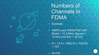 Numbers of
Channels in
FDMA
⬥ Example:
⬥ AMPS uses FDMA/FDD with
Btotal = 12.5 MHz, Bguard =
10 kHz and Bch = 30 kHz
⬥ N =...