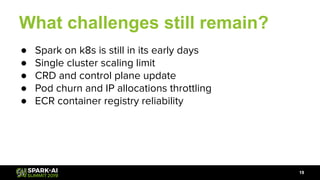 What challenges still remain?
● Spark on k8s is still in its early days
● Single cluster scaling limit
● CRD and control plane update
● Pod churn and IP allocations throttling
● ECR container registry reliability
19
 