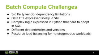 Batch Compute Challenges
9
● 3rd Party vendor dependency limitations
● Data ETL expressed solely in SQL
● Complex logic expressed in Python that hard to adopt
in SQL
● Diﬀerent dependencies and versions
● Resource load balancing for heterogeneous workloads
 