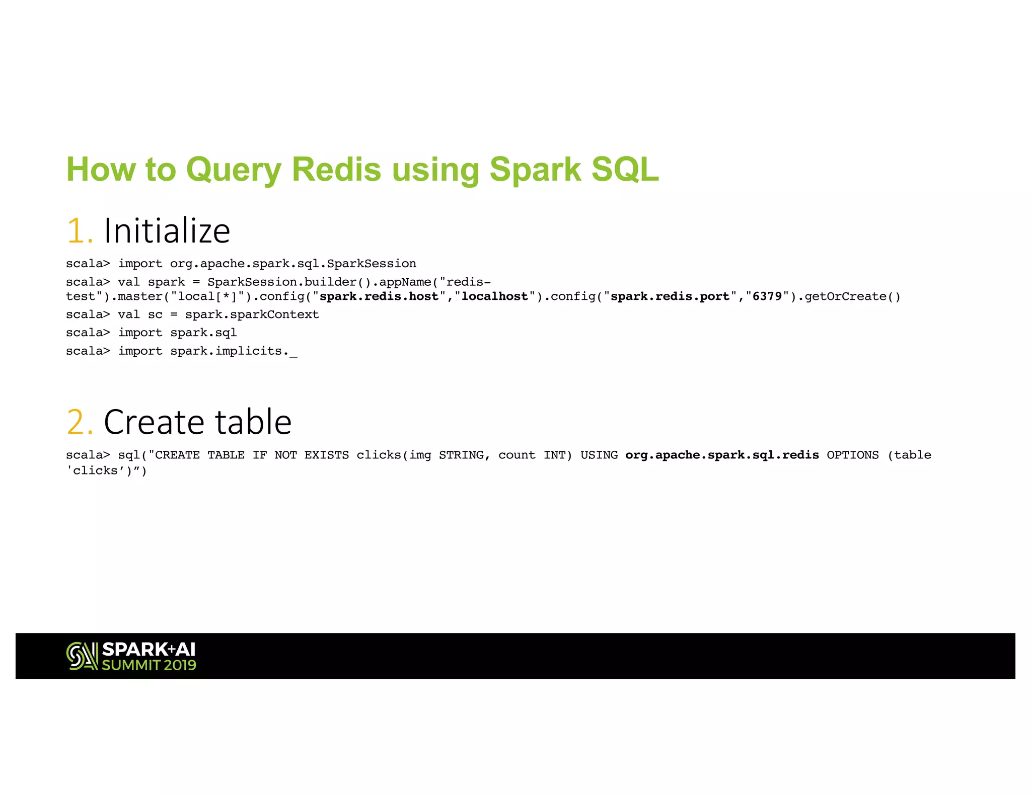 1. Initialize
scala> import org.apache.spark.sql.SparkSession
scala> val spark = SparkSession.builder().appName("redis-
test").master("local[*]").config("spark.redis.host","localhost").config("spark.redis.port","6379").getOrCreate()
scala> val sc = spark.sparkContext
scala> import spark.sql
scala> import spark.implicits._
2. Create table
scala> sql("CREATE TABLE IF NOT EXISTS clicks(img STRING, count INT) USING org.apache.spark.sql.redis OPTIONS (table
'clicks’)”)
How to Query Redis using Spark SQL
 