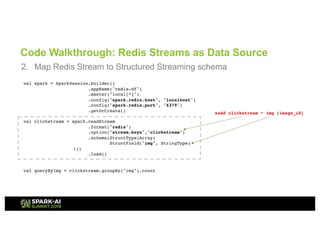 Code Walkthrough: Redis Streams as Data Source
2. Map Redis Stream to Structured Streaming schema
val spark = SparkSession.builder()
.appName("redis-df")
.master("local[*]")
.config("spark.redis.host", "localhost")
.config("spark.redis.port", "6379")
.getOrCreate()
val clickstream = spark.readStream
.format("redis")
.option("stream.keys","clickstream")
.schema(StructType(Array(
StructField("img", StringType)
)))
.load()
val queryByImg = clickstream.groupBy("img").count
xadd clickstream * img [image_id]
 