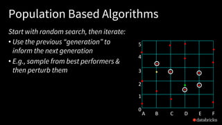Start with random search, then iterate:
• Use the previous “generation” to
inform the next generation
• E.g., sample from ...