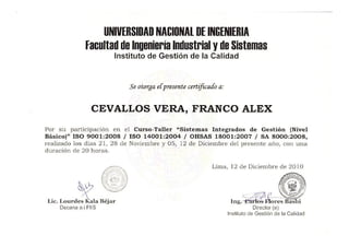Certificado Sistemas Integrados de Gestión (Niveles Básico y Avanzado)  - Cevallos Vera Franco Alex