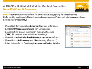© 2013 SAP AG. All rights reserved. 12
Public
4. MMCP – Multi-Modal Modular Content Production
Neue Plattform & Prozesse
• Unterstützt den kompletten Lebenszyklus der Unterlagen
• Ermöglicht Wiederverwendung von Lernobjekten
• Basiert auf der Darwin Information Typing Architecture
(DITA): Modulares, standardisiertes Infodesign
• Unterstützt industrielle Produktionsprozesse (Workflows..)
• Unterstützt Lokalisierung und Übersetzung (Trados…)
• Erlaubt die einfache Erstellung kundenspezifischer Inhalte
MMCP ist eine Autorenplattform für Lerninhalte ausgeprägt für verschiedene
Lieferkanäle (multi-modality) mit einem konsequenten Fokus auf wiederverwendbare
Lernobjekte (modularity).
 