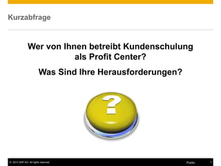 © 2013 SAP AG. All rights reserved. 7
Public
Kurzabfrage
Wer von Ihnen betreibt Kundenschulung
als Profit Center?
Was Sind Ihre Herausforderungen?
 