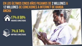 17% a 50%
hogares conectados
7% a 74%
mipymes conectadas
en los últimos cinco años pasamos de 2 mILLONES a
12 millones de conexiones a internet de banda
ancha
 