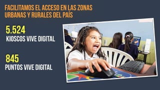 FACILITAMOS EL ACCESO EN LAS ZONAS
URBANAS Y RURALES DEL PAÍS
5.524
KIOSCOS VIVE DIGITAL
845
PUNTOS VIVE DIGITAL
 
