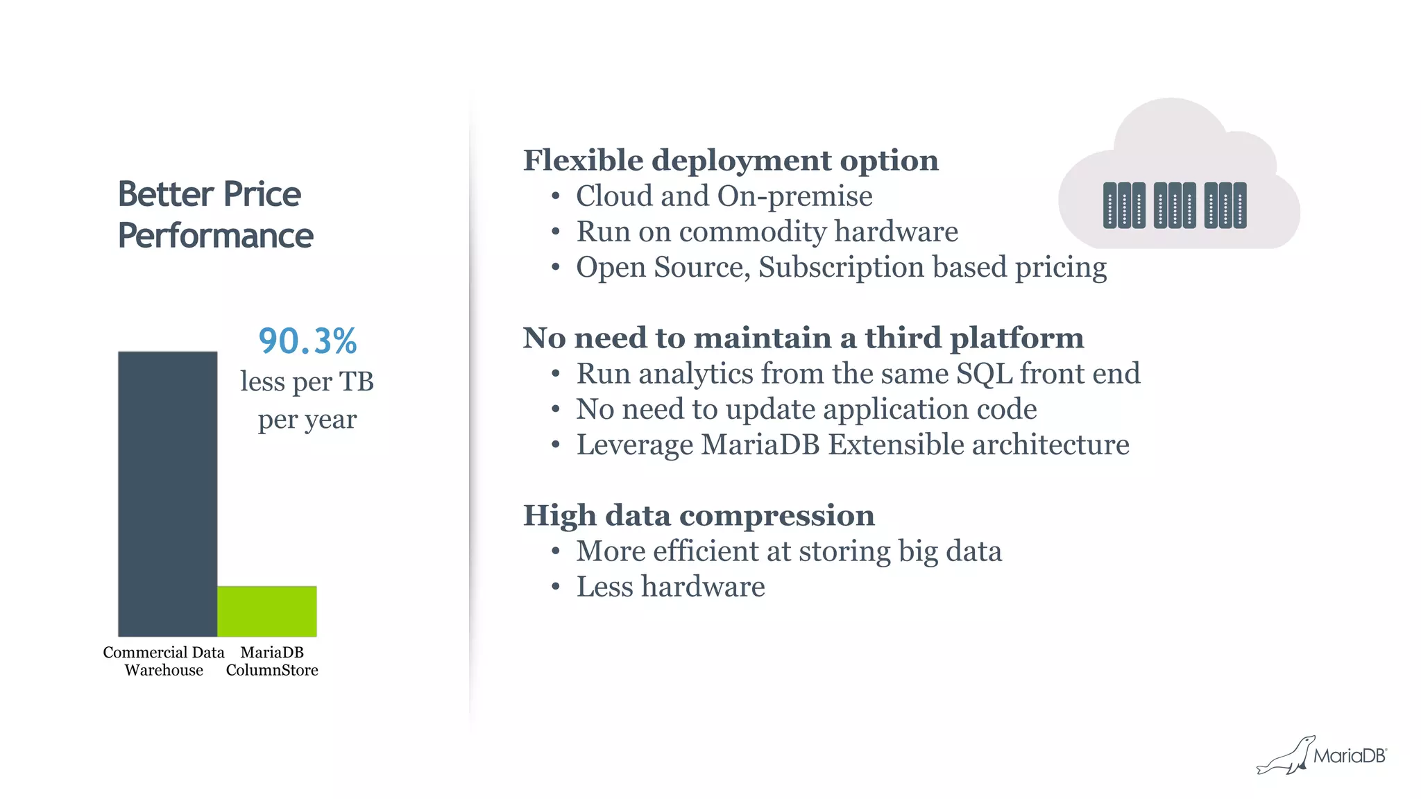 Better Price
Performance
Flexible deployment option
•  Cloud and On-premise
•  Run on commodity hardware
•  Open Source, Subscription based pricing
No need to maintain a third platform
•  Run analytics from the same SQL front end
•  No need to update application code
•  Leverage MariaDB Extensible architecture
High data compression
•  More efficient at storing big data
•  Less hardware
90.3%
less per TB
per year
Commercial Data
Warehouse
MariaDB
ColumnStore
 