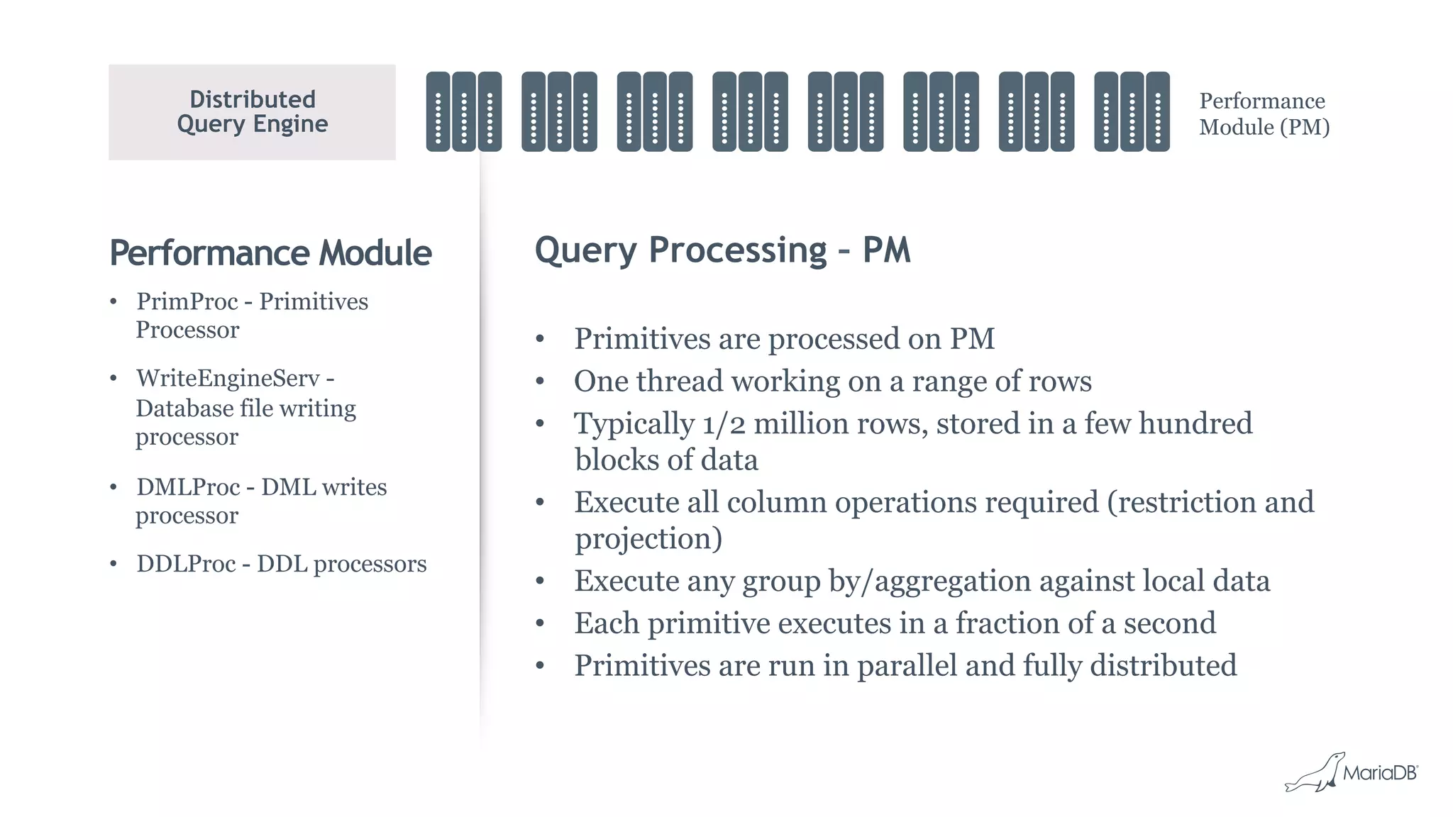 Performance Module Query Processing – PM
•  Primitives are processed on PM
•  One thread working on a range of rows
•  Typically 1/2 million rows, stored in a few hundred
blocks of data
•  Execute all column operations required (restriction and
projection)
•  Execute any group by/aggregation against local data
•  Each primitive executes in a fraction of a second
•  Primitives are run in parallel and fully distributed
•  PrimProc - Primitives
Processor
•  WriteEngineServ -
Database file writing
processor
•  DMLProc - DML writes
processor
•  DDLProc - DDL processors
Distributed
Query Engine
Performance
Module (PM)
 