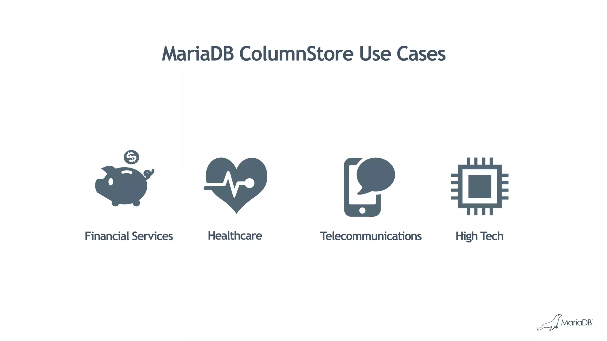 MariaDB ColumnStore Use Cases
Financial Services Healthcare Telecommunications High Tech
 