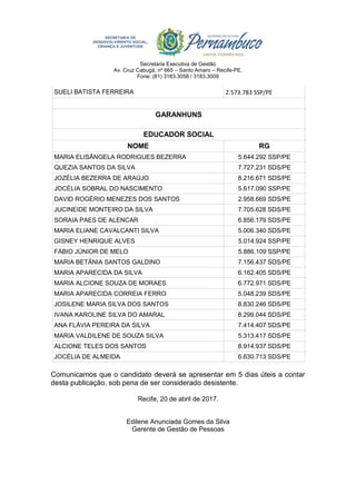Secretaria Executiva de Gestão
Av. Cruz Cabugá, nº 665 – Santo Amaro – Recife-PE.
Fone: (81) 3183.3058 / 3183.3009
SUELI BATISTA FERREIRA 2.573.783 SSP/PE
GARANHUNS
EDUCADOR SOCIAL
NOME RG
MARIA ELISÂNGELA RODRIGUES BEZERRA 5.644.292 SSP/PE
QUEZIA SANTOS DA SILVA 7.727.231 SDS/PE
JOZÉLIA BEZERRA DE ARAÚJO 8.216.671 SDS/PE
JOCÉLIA SOBRAL DO NASCIMENTO 5.617.090 SSP/PE
DAVID ROGÉRIO MENEZES DOS SANTOS 2.958.669 SDS/PE
JUCINEIDE MONTEIRO DA SILVA 7.705.628 SDS/PE
SORAIA PAES DE ALENCAR 6.856.179 SDS/PE
MARIA ELIANE CAVALCANTI SILVA 5.006.340 SDS/PE
GISNEY HENRIQUE ALVES 5.014.924 SSP/PE
FÁBIO JÚNIOR DE MELO 5.886.109 SSP/PE
MARIA BETÂNIA SANTOS GALDINO 7.156.437 SDS/PE
MARIA APARECIDA DA SILVA 6.162.405 SDS/PE
MARIA ALCIONE SOUZA DE MORAES 6.772.971 SDS/PE
MARIA APARECIDA CORREIA FERRO 5.048.239 SDS/PE
JOSILENE MARIA SILVA DOS SANTOS 8.830.246 SDS/PE
IVANA KAROLINE SILVA DO AMARAL 8.299.044 SDS/PE
ANA FLÁVIA PEREIRA DA SILVA 7.414.407 SDS/PE
MARIA VALDILENE DE SOUZA SILVA 5.313.417 SDS/PE
ALCIONE TELES DOS SANTOS 8.914.937 SDS/PE
JOCÉLIA DE ALMEIDA 6.630.713 SDS/PE
Comunicamos que o candidato deverá se apresentar em 5 dias úteis a contar
desta publicação, sob pena de ser considerado desistente.
Recife, 20 de abril de 2017.
Edilene Anunciada Gomes da Silva
Gerente de Gestão de Pessoas
 