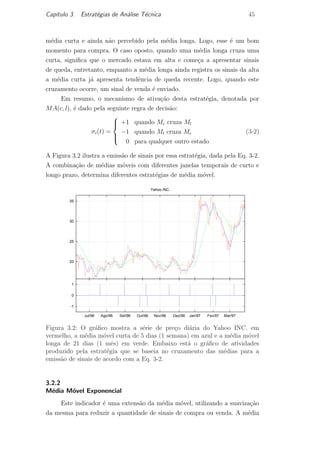 Cap´ıtulo 3. Estrat´egias de An´alise T´ecnica 45
m´edia curta e ainda n˜ao percebido pela m´edia longa. Logo, esse ´e um bom
momento para compra. O caso oposto, quando uma m´edia longa cruza uma
curta, signiﬁca que o mercado estava em alta e come¸ca a apresentar sinais
de queda, entretanto, enquanto a m´edia longa ainda registra os sinais da alta
a m´edia curta j´a apresenta tendˆencia de queda recente. Logo, quando este
cruzamento ocorre, um sinal de venda ´e enviado.
Em resumo, o mecanismo de ativa¸c˜ao desta estrat´egia, denotada por
MA(c, l), ´e dado pela seguinte regra de decis˜ao:
σi(t) =



+1 quando Mc cruza Ml
−1 quando Ml cruza Mc
0 para qualquer outro estado
(3-2)
A Figura 3.2 ilustra a emiss˜ao de sinais por essa estrat´egia, dada pela Eq. 3-2.
A combina¸c˜ao de m´edias m´oveis com diferentes janelas temporais de curto e
longo prazo, determina diferentes estrat´egias de m´edia m´ovel.
20
25
30
35
Yahoo INC.
-1
0
1
Mar/97Fev/97Jan/97Dez/96Nov/96Out/96Set/96Ago/96Jul/96
Figura 3.2: O gr´aﬁco mostra a s´erie de pre¸co di´aria do Yahoo INC. em
vermelho, a m´edia m´ovel curta de 5 dias (1 semana) em azul e a m´edia m´ovel
longa de 21 dias (1 mˆes) em verde. Embaixo est´a o gr´aﬁco de atividades
produzido pela estrat´egia que se baseia no cruzamento das m´edias para a
emiss˜ao de sinais de acordo com a Eq. 3-2.
3.2.2
M´edia M´ovel Exponencial
Este indicador ´e uma extens˜ao da m´edia m´ovel, utilizando a suaviza¸c˜ao
da mesma para reduzir a quantidade de sinais de compra ou venda. A m´edia
PUC-Rio-CertificaçãoDigitalNº0420973/CA
 
