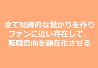 Copyright (C) TalentCloud, Inc. All Right Reserved.
退職者コミュニティを構築するアルムナイ制度
アルムナイとはalumniという英語で卒業⽣とか同窓⽣といった意味合いをもつ。
退職者が戻ってきてくれたらどの応募者より⼀番の理解者であり即戦⼒⼈材になる。
企業としてアルムナイを制度化し、退職した⼈とも継続的にコミュニケーションが取れる状況にする。
１，退職者にアルムナイ制度があることを告知し、
  また戻って来ることができるんだということを退職者に
  認識してもらう。
２，定期的にメールやDMなどで情報発信し、元いた会社が
  魅⼒的だったことを覚えておいてもらう。
３、退職者はいつどのタイミングで復帰できる状況が訪れ
  るか分からないので、退職者からも気軽にコミュニケー
  ションが取れる環境を⽤意する。
33
全て継続的な繋がりを作り
ファンに近い存在して、
転職意向を顕在化させる
 