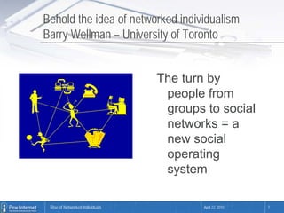 Behold the idea of networked individualism
Barry Wellman – University of Toronto


                                 The turn by
                                  people from
                                  groups to social
                                  networks = a
                                  new social
                                  operating
                                  system

 Rise of Networked Individuals           April 22, 2010   7
 