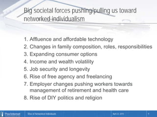 Big societal forces pushing/pulling us toward
networked individualism

1. Affluence and affordable technology
2. Changes in family composition, roles, responsibilities
3. Expanding consumer options
4. Income and wealth volatility
5. Job security and longevity
6. Rise of free agency and freelancing
7. Employer changes pushing workers towards
   management of retirement and health care
8. Rise of DIY politics and religion

 Rise of Networked Individuals         April 22, 2010   9
 