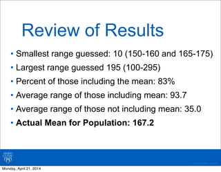 ©2011 MFMER | 3139261-
Review of Results
• Smallest range guessed: 10 (150-160 and 165-175)
• Largest range guessed 195 (1...