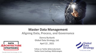 Copyright Global Data Strategy, Ltd. 2021
Master Data Management
Aligning Data, Process, and Governance
Donna Burbank
Global Data Strategy, Ltd.
April 22 , 2021
Follow on Twitter @donnaburbank
Twitter Event hashtag: #DAStrategies
 