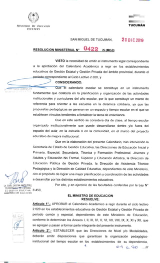 Calendario Escolar de la Provincia de Tucumán 2020