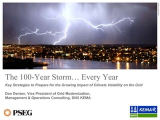 Documentnumber
The 100-Year Storm… Every Year
Key Strategies to Prepare for the Growing Impact of Climate Volatility on the Grid
Don Denton, Vice President of Grid Modernization,
Management & Operations Consulting, DNV KEMA
 