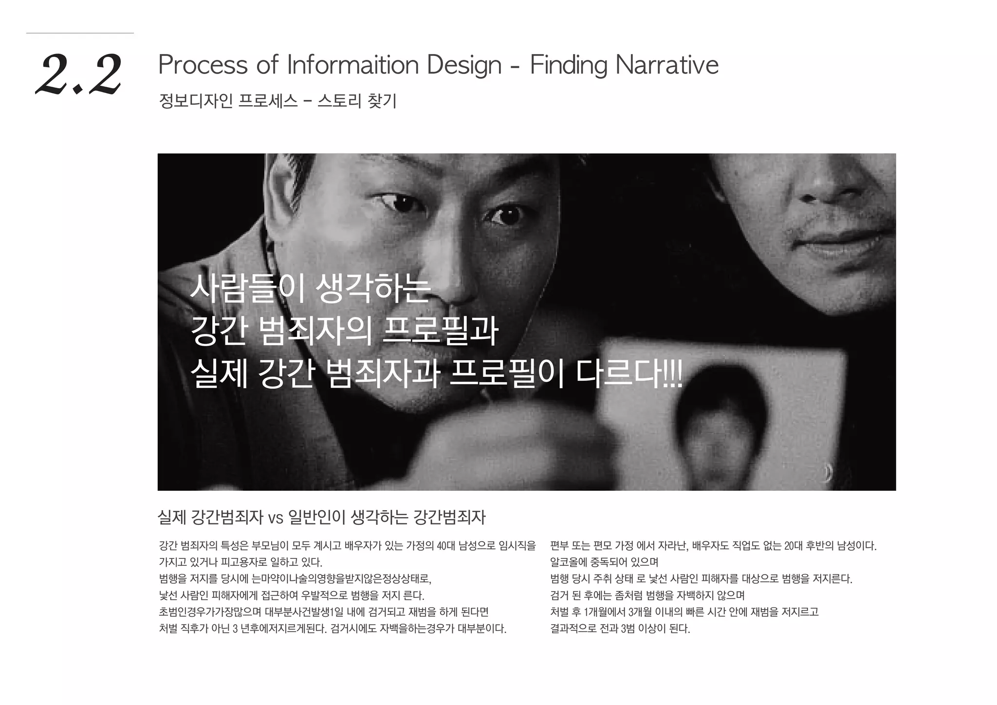 강간 범죄자의 특성은 부모님이 모두 계시고 배우자가 있는 가정의 40대 남성으로 임시직을
가지고 있거나 피고용자로 일하고 있다.
범행을 저지를 당시에 는마약이나술의영향을받지않은정상상태로,
낯선 사람인 피해자에게 접근하여 우발적으로 범행을 저지 른다.
초범인경우가가장많으며 대부분사건발생1일 내에 검거되고 재범을 하게 된다면
처벌 직후가 아닌 3 년후에저지르게된다. 검거시에도 자백을하는경우가 대부분이다.
편부 또는 편모 가정 에서 자라난, 배우자도 직업도 없는 20대 후반의 남성이다.
알코올에 중독되어 있으며
범행 당시 주취 상태 로 낯선 사람인 피해자를 대상으로 범행을 저지른다.
검거 된 후에는 좀처럼 범행을 자백하지 않으며
처벌 후 1개월에서 3개월 이내의 빠른 시간 안에 재범을 저지르고
결과적으로 전과 3범 이상이 된다.
2.2 Process of Informaition Design - Finding Narrative
정보디자인 프로세스 - 스토리 찾기
실제 강간범죄자 vs 일반인이 생각하는 강간범죄자
사람들이 생각하는
강간 범죄자의 프로필과
실제 강간 범죄자과 프로필이 다르다!!!
 