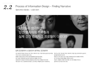 강간 범죄자의 특성은 부모님이 모두 계시고 배우자가 있는 가정의 40대 남성으로 임시직을
가지고 있거나 피고용자로 일하고 있다.
범행을 저지를 당시에 는마약이나술의영향을받지않은정상상태로,
낯선 사람인 피해자에게 접근하여 우발적으로 범행을 저지 른다.
초범인경우가가장많으며 대부분사건발생1일 내에 검거되고 재범을 하게 된다면
처벌 직후가 아닌 3 년후에저지르게된다. 검거시에도 자백을하는경우가 대부분이다.
편부 또는 편모 가정 에서 자라난, 배우자도 직업도 없는 20대 후반의 남성이다.
알코올에 중독되어 있으며
범행 당시 주취 상태 로 낯선 사람인 피해자를 대상으로 범행을 저지른다.
검거 된 후에는 좀처럼 범행을 자백하지 않으며
처벌 후 1개월에서 3개월 이내의 빠른 시간 안에 재범을 저지르고
결과적으로 전과 3범 이상이 된다.
2.2 Process of Informaition Design - Finding Narrative
정보디자인 프로세스 - 스토리 찾기
실제 강간범죄자 vs 일반인이 생각하는 강간범죄자
사람들이 생각하는
강간 범죄자의 프로필과
실제 강간 범죄자과 프로필이 다르다!!!
 