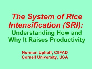 The System of Rice Intensification (SRI):   Understanding How and Why It Raises Productivity Norman Uphoff, CIIFAD Cornell University, USA 