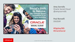 Copyright	©	2016, Oracle	and/or	its	affiliates.	All	rights	reserved.		|
Amy	Sorrells
Oracle	Social	Cloud
@amyssorrells
Paul	Borselli
DIGIDAY
#DigidayDBS
#OracleSocial
 