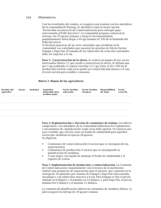 134 HERRAMIENTAS
Con los resultados del sondeo, se organizó una reunión con los miembros
de la comunidad de Pusniag. Se identificó como la mejor opción
"Desarrollar un proyecto de Comercialización para entregar papa
seleccionada al Pollo Ejecutivo". La comunidad propuso comenzar la
entrega con 20 qq por semana, y luego ir incrementándola
paulatinamente hasta llegar a 60 qq/semana (el 50% de la demanda del
Pollo Ejecutivo).
Se llevaron muestras de las siete variedades que siembran en la
comunidad. Las variedades que pasaron las pruebas de fritura fueron
Fripapa y Papa Pan. El tamaño de los tubérculos de estas dos variedades
debe ser superior a 8 cm.
Paso 3: Caracterización de la oferta. Se realizó un mapeo de los socios
interesados (Matriz 2), que ayudó a caracterizar la oferta. Se definió que
por 1 qq sembrado se espera cosechar 12,5 qq. Entre el 40 y 60% de la
producción total de cada socio podrá ser comercializada (mayor a 8 cm),
el resto servirá para semilla y consumo.
Matriz 2. Mapeo de los agricultores
Paso 4: Reglamentación y elección de comisiones de trabajo. Los líderes
campesinos y los miembros de la comunidad elaboraron los reglamentos
y mecanismos de capitalización: (cada socio debe aportar 10 centavos por
saco vendido, que servirá como un fondo de solidaridad para aquellos
socios que siembran en épocas riesgosas).
Se eligieron:
Comisiones de comercialización (4 socios) que se encarguen de las
negociaciones.
Comisiones de producción (3 socios) que se encarguende la
planificación de siembras.
A una mujer, encargada de manejar el fondo de solidaridad y el
registro de ventas.
Paso 5: Implementación de producción y comercialización. La Comisión
de Comercialización conjuntamente con el técnico de la institución
elaboró una propuesta de negociación para el gerente, que consistía en la
entrega de 20 quintales por semana de Fripapa y Papa Pan seleccionada,
sin plagas y con tubérculos mayores a 8 cm. Para Fripapa se fijó el precio
mínimo en 8 dólares y el máximo en 14 dólares, y para Papa Pan, el precio
mínimo fue 6 dólares y el máximo 12 dólares.
La comisión de planificación elaboró un calendario de siembras (Matriz 3),
para asegurar la entrega de 20 qq por semana.
lederbmoN
rotlucirga
sanoZ dadeiraV eicifrepuS
arapelbinopsid
apaprarbmes
arbmeiSahceF
adauceda
arbmeiSahceF
asogseir
dadilibinopsiD
ogeired
ahceF
ahcesoc
 