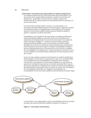 16 PRINCIPIOS
¿Cómo hacer inversiones para desarrollar las cadenas productivas?
Las cadenas productivas necesitan inversiones para desarrollarse. Las
inversiones en la cadena deben destinarse a mejorar los factores de
producción, desarrollar servicios para las cadenas, superar las
ineficiencias de la cadena, mejorar su articulación interna y promover el
acceso al mercado.
Un inversionista siempre quiere retornos a sus inversiones. Las
inversiones privadas deben generar un retorno igual o superior al monto
invertido que pueda ser apropiado por el inversionista. De la misma
manera, las inversiones públicas deben generar beneficios públicos
iguales o superiores al monto invertido.
El problema es que muchas de las inversiones en cadenas productivas
generan beneficios públicos y privados. Parte de los beneficios son
capturados de forma privada (el caso de las inversiones en sistemas de
riego es un buen ejemplo). Y, muchas de las inversiones privadas
generan beneficios públicos, que el inversionista no puede atrapar
(ejemplo: los servicios de asistencia técnica privada). Estas desviaciones
de los beneficios de las inversiones se llaman externalidades. Debido a
que las cadenas productivas se desenvuelven en un contexto complejo,
las externalidades son importantes. Consecuentemente, muchas veces, ni
el sector público ni el privado tienen suficientes incentivos para invertir
por sí solos.
Es por eso que cuando se piensa en inversiones en cadenas productivas,
debe pensarse en inversiones concurrentes ya que estas permiten lidiar
con el problema de las externalidades. La lógica de las inversiones
concurrentes es la siguiente: las inversiones públicas se concentran en
generar las condiciones para que las inversiones privadas florezcan; las
inversiones privadas se comprometen a seguir a las inversiones públicas y
generar beneficios adicionales para el resto de la cadena. De esta manera,
las externalidades generadas se compensan mutuamente: las
externalidades de las inversiones públicas, que benefician en primer lugar
a los privados, son compensadas con las externalidades de las inversiones
privadas, que generan beneficios públicos después (ver figura 2).
Figura 2. Inversiones concurrentes
 