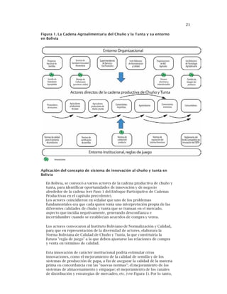 21
Figura 1. La Cadena Agroalimentaria del Chuño y la Tunta y su entorno
en Bolivia
Aplicación del concepto de sistema de innovación al chuño y tunta en
Bolivia
En Bolivia, se convocó a varios actores de la cadena productiva de chuño y
tunta, para identificar oportunidades de innovación y de negocio
alrededor de la cadena (ver Paso 1 del Enfoque Participativo de Cadenas
Productivas en el capítulo precedente).
Los actores coincidieron en señalar que uno de los problemas
fundamentales era que cada quien tenía una interpretación propia de las
diferentes calidades de chuño y tunta que se transan en el mercado,
aspecto que incidía negativamente, generando desconfianza e
incertidumbre cuando se establecían acuerdos de compra y venta.
Los actores convocaron al Instituto Boliviano de Normalización y Calidad,
para que en representación de la diversidad de actores, elaborara la
Norma Boliviana de Calidad de Chuño y Tunta, la que constituiría la
futura "regla de juego" a la que deben ajustarse las relaciones de compra
y venta en términos de calidad.
Esta innovación de carácter institucional podría estimular otras
innovaciones, como el mejoramiento de la calidad de semilla y de los
sistemas de producción de papa, a fin de asegurar la calidad de la materia
prima en concordancia con las "nuevas normas"; el mejoramiento de los
sistemas de almacenamiento y empaque; el mejoramiento de los canales
de distribución y estrategias de mercadeo, etc. (ver Figura 1). Por lo tanto,
 