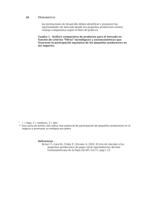 88 HERRAMIENTAS
las instituciones de desarrollo deben identificar y promover las
oportunidades de mercado donde los pequeños productores tienen
ventaja comparativa según el filtro de pobreza.
Cuadro 1. Análisis comparativo de productos para el mercado en
función de criterios "filtros" tecnológicos y socioeconómicos que
favorecen la participación equitativa de los pequeños productores en
los negocios.
* 1 = bajo, 2 = mediano, 3 = alto
** Una suma de puntos alta indica mas potencial de participación de pequeños productores en el
negocio y promueve un enfoque pro-pobre
Referencias
Bernet T., Lara M., Urday P., Devaux A. 2002. El reto de vincular a los
pequeños productores de papa con la Agroindustria. Revista
Latinoamericana de la Papa (ALAP). Vol 13. pag.1-23.
 