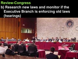 Review-Congress b) Research new laws and monitor if the Executive Branch is enforcing old laws (hearings) 