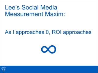 Lee’s Social Media
Measurement Maxim:
As I approaches 0, ROI approaches
∞
 