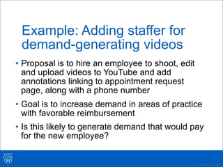 ©2011 MFMER | 3139261-
Example: Adding staffer for
demand-generating videos
• Proposal is to hire an employee to shoot, edit
and upload videos to YouTube and add
annotations linking to appointment request
page, along with a phone number
• Goal is to increase demand in areas of practice
with favorable reimbursement
• Is this likely to generate demand that would pay
for the new employee?
 